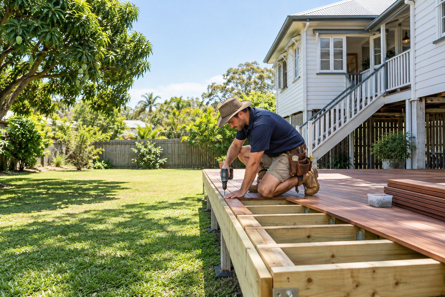 Deck building, Brisbane: carpenter screwing down spotted gum boards on a new raised deck behind a highset Queenslander