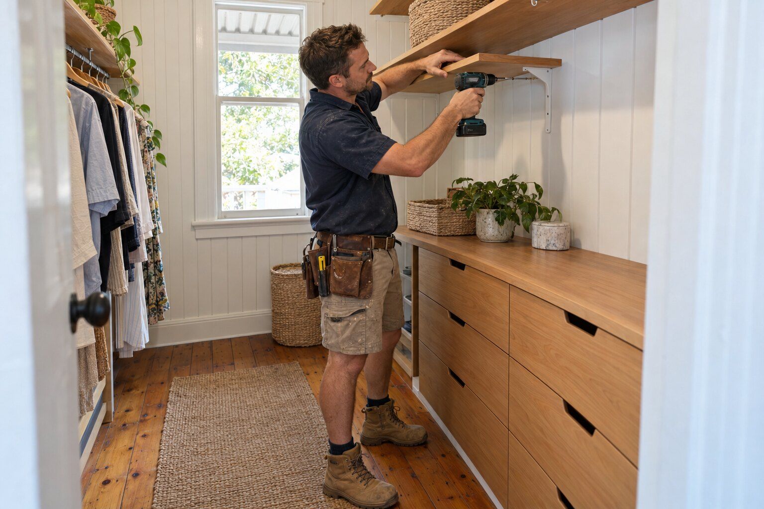 Carpentry guides, Brisbane: carpenter fixing a shelf inside a walk-in robe above a bank of drawers