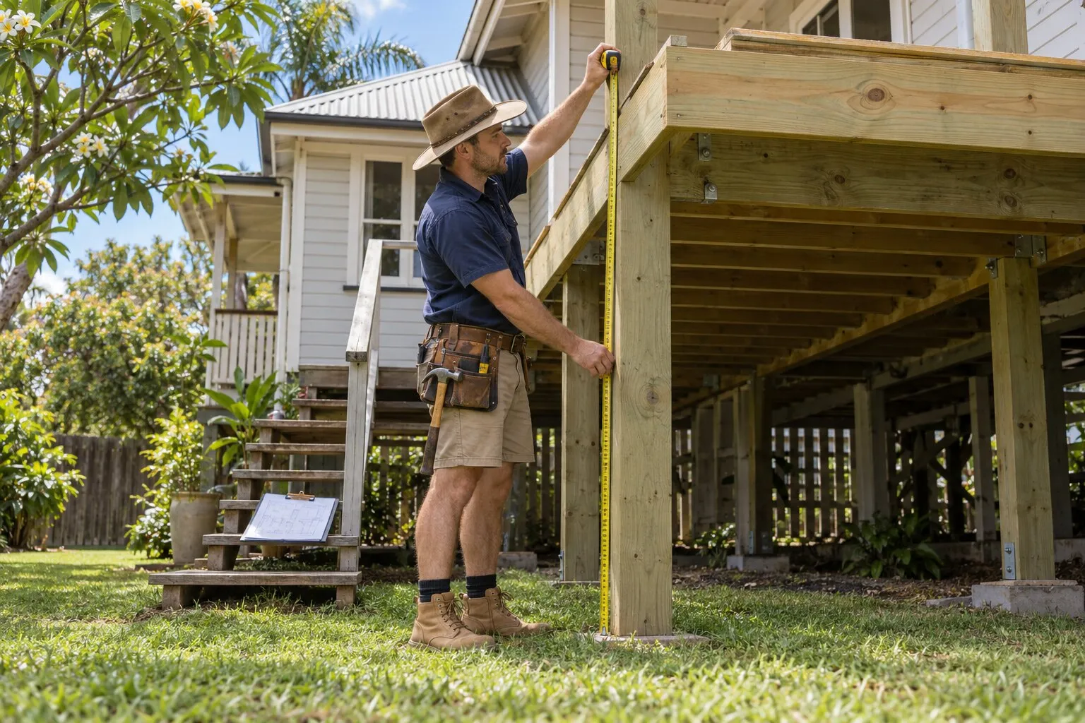 Deck approval, Queensland: carpenter measuring a deck frame's height off the ground behind a highset timber house
