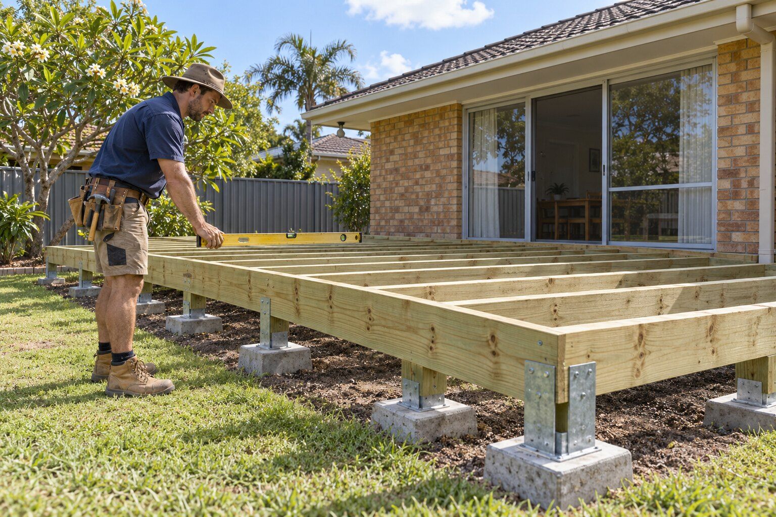 Deck building, Brisbane: carpenter levelling a new treated-pine deck subframe on steel stirrups beside a brick lowset house
