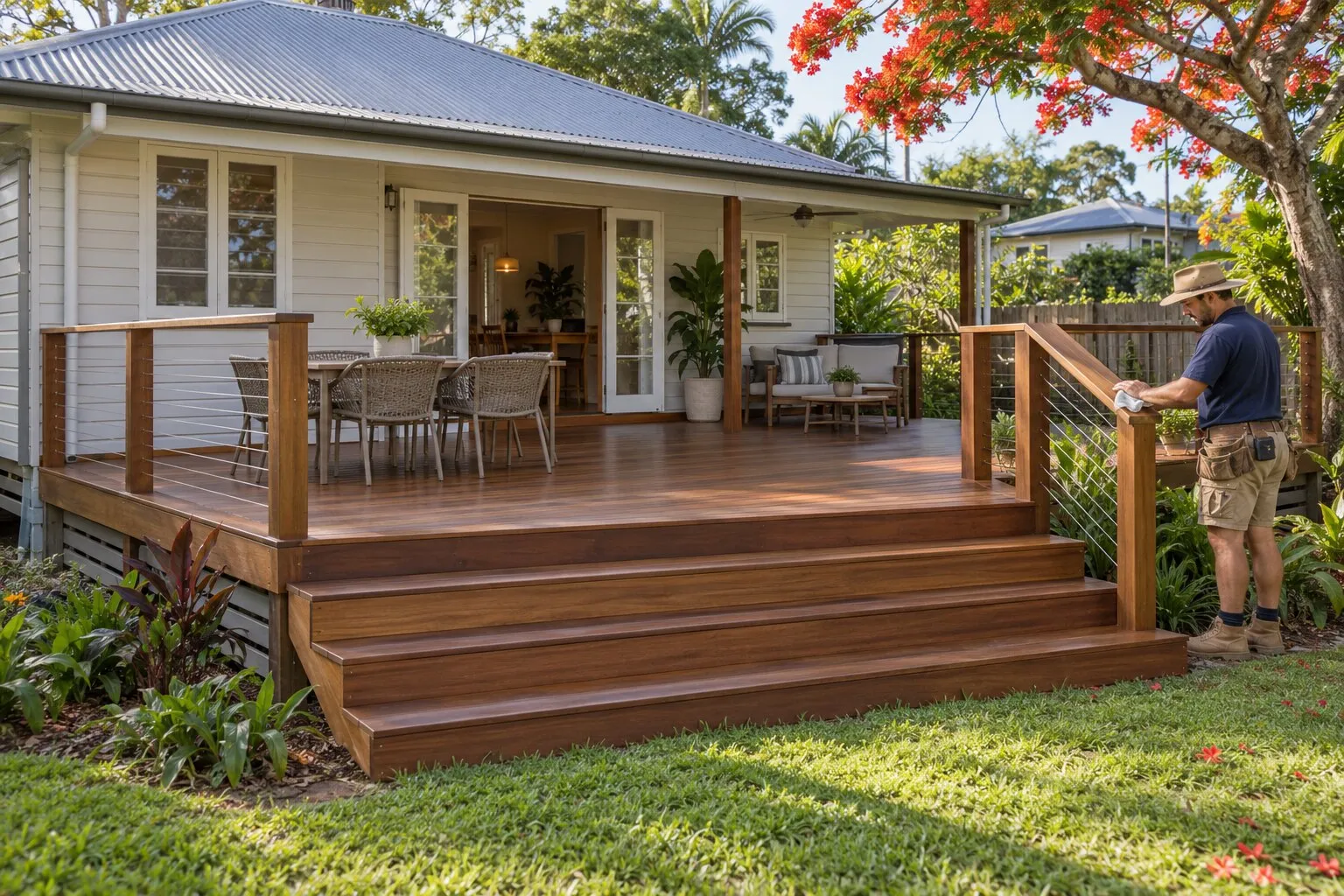 Deck building, Brisbane: carpenter wiping the handrail of a finished spotted gum deck with wide steps down to the lawn