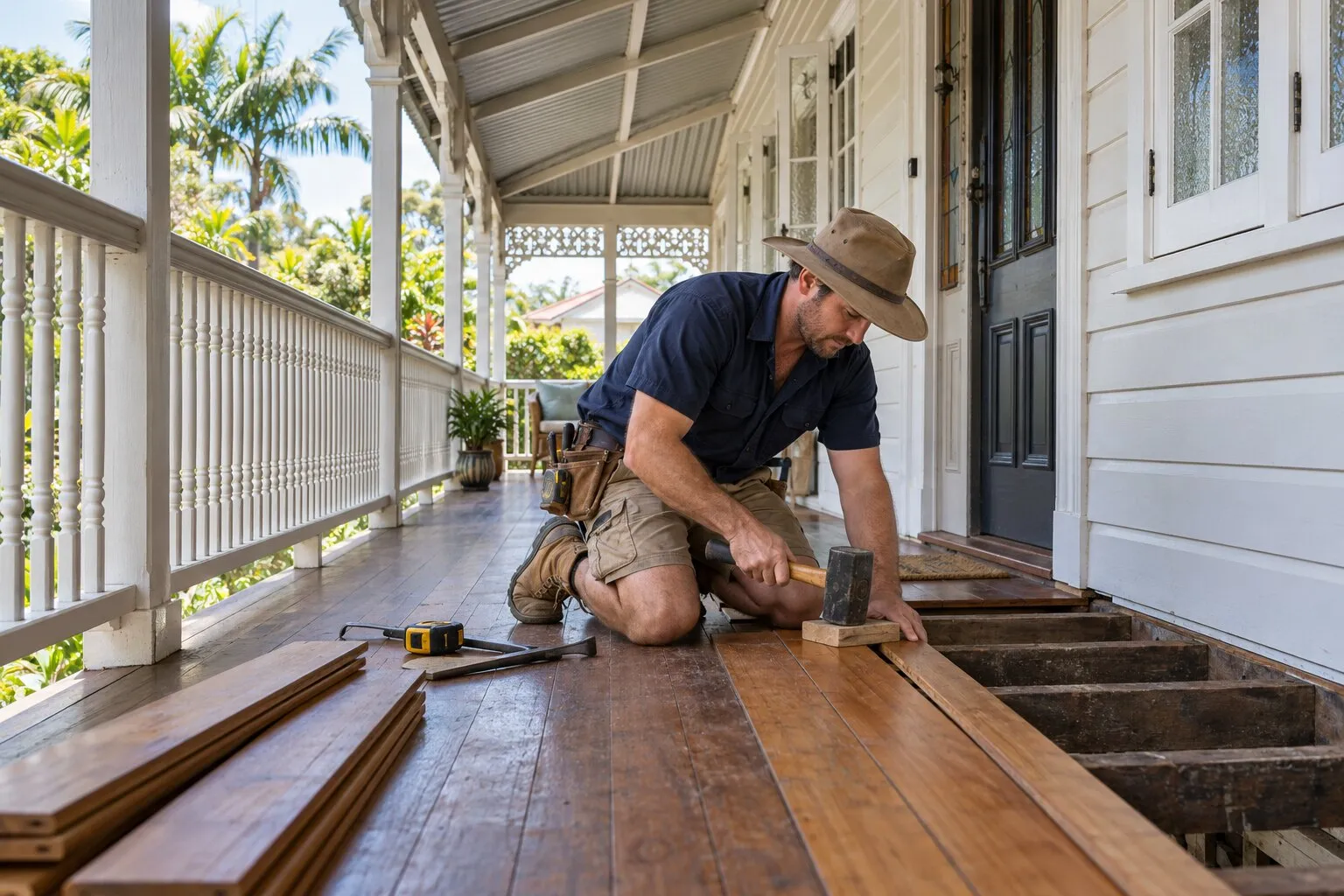 Queenslander carpentry, Brisbane: carpenter replacing verandah floorboards on a highset Queenslander